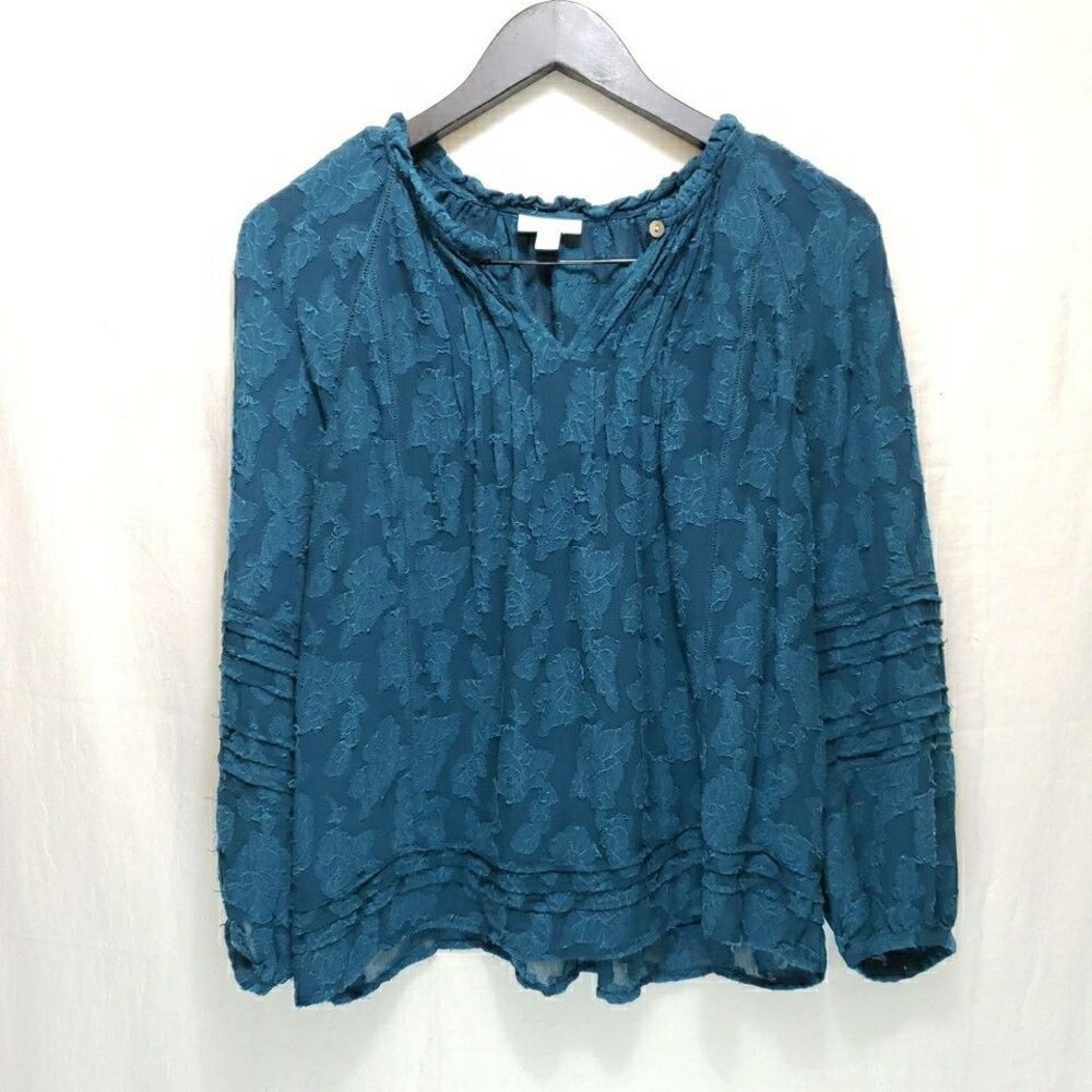 J. Jill Teal Blue Textured Floral Blouse Small S Long Sleeve Lace Cottagecore